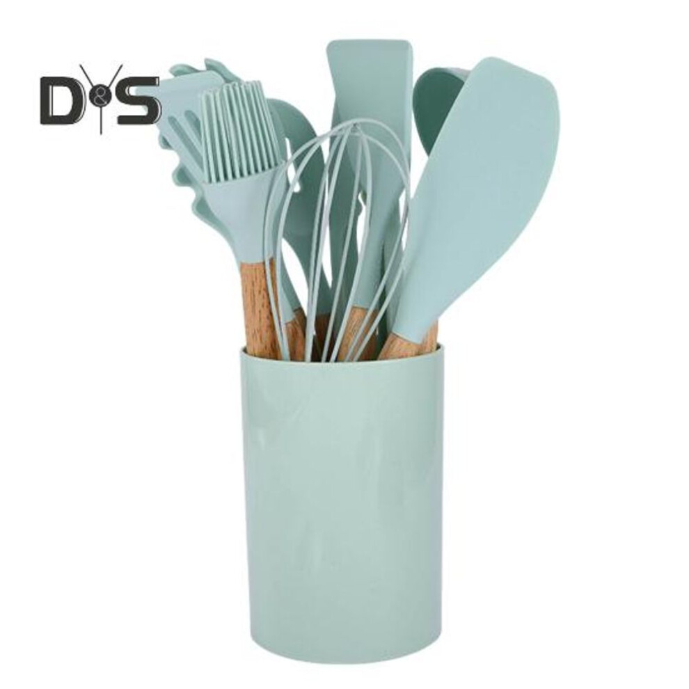 (light green, 1 Set) Silicone Kitchen Utensils Set with Wooden Handle Heat-Resistant Cooking Tools Non-Stick Safe Kitchenware Set for Home Restaurant