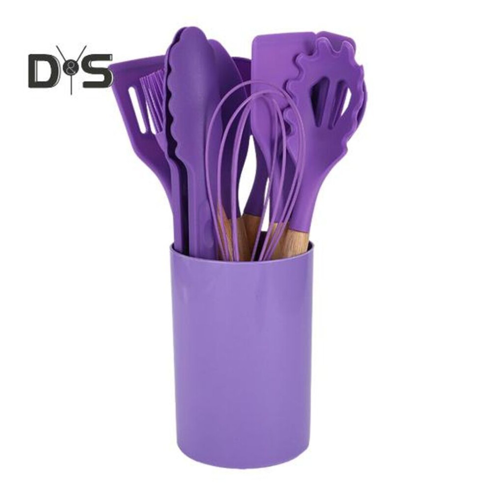 (purple, 1 Set) Silicone Kitchen Utensils Set With Wooden Handle Heat-resistant Cooking Tools Non-stick Safe Kitchenware Set For Home Restaurant