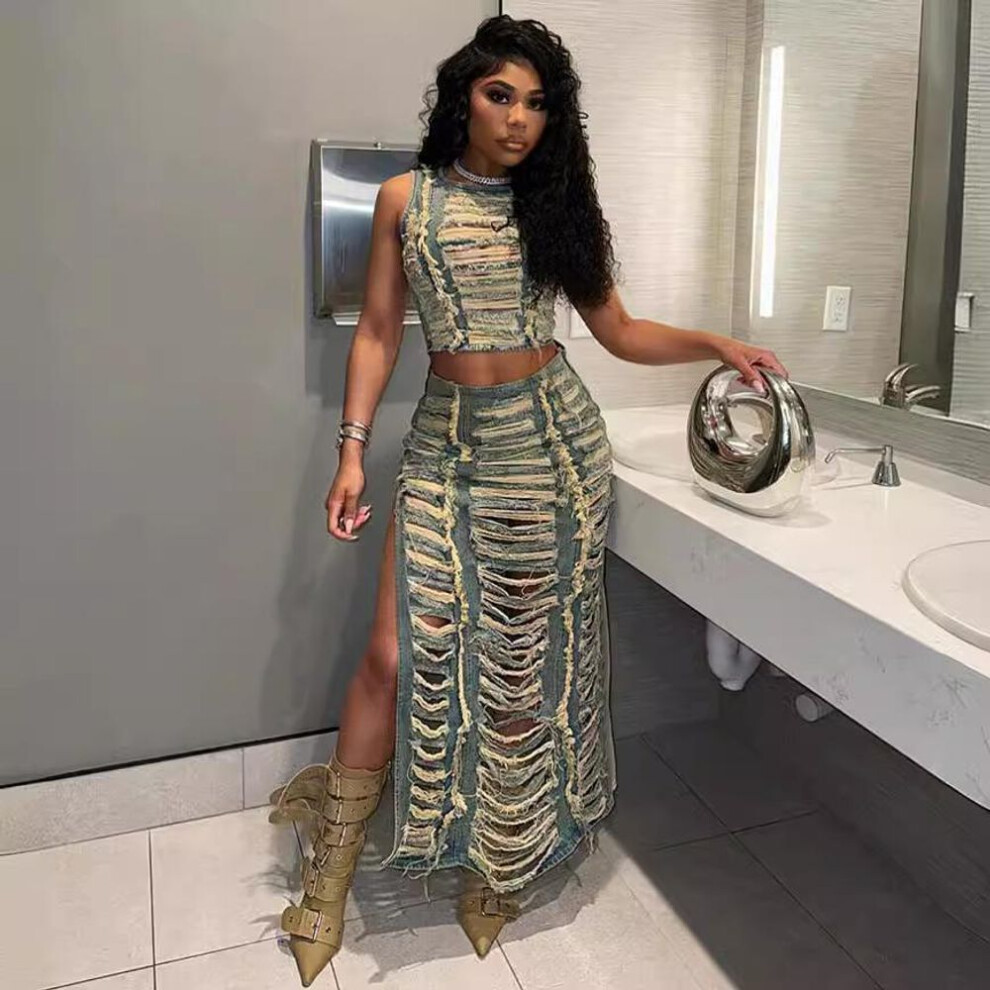 (blue, XL) Hollow Out Jeans Skirt Outfit Set Sexy Women Elegant Two Pieces Denim Club Matching Set Top+Long Skirt