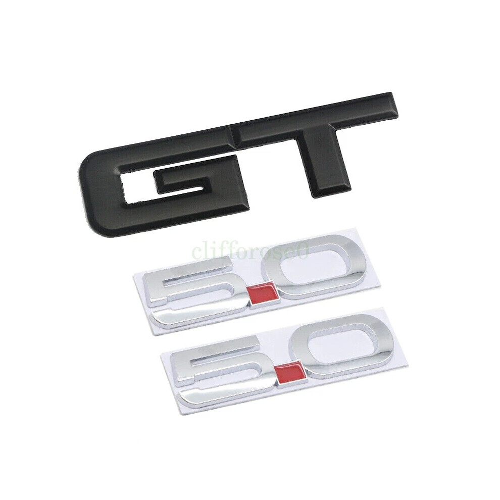 (+Silver) 3 Piece Set For 2015-2022 Ford Mustang Gt 5.0 Emblems Truck Side Fender Badges Black/Silver 6963793341177