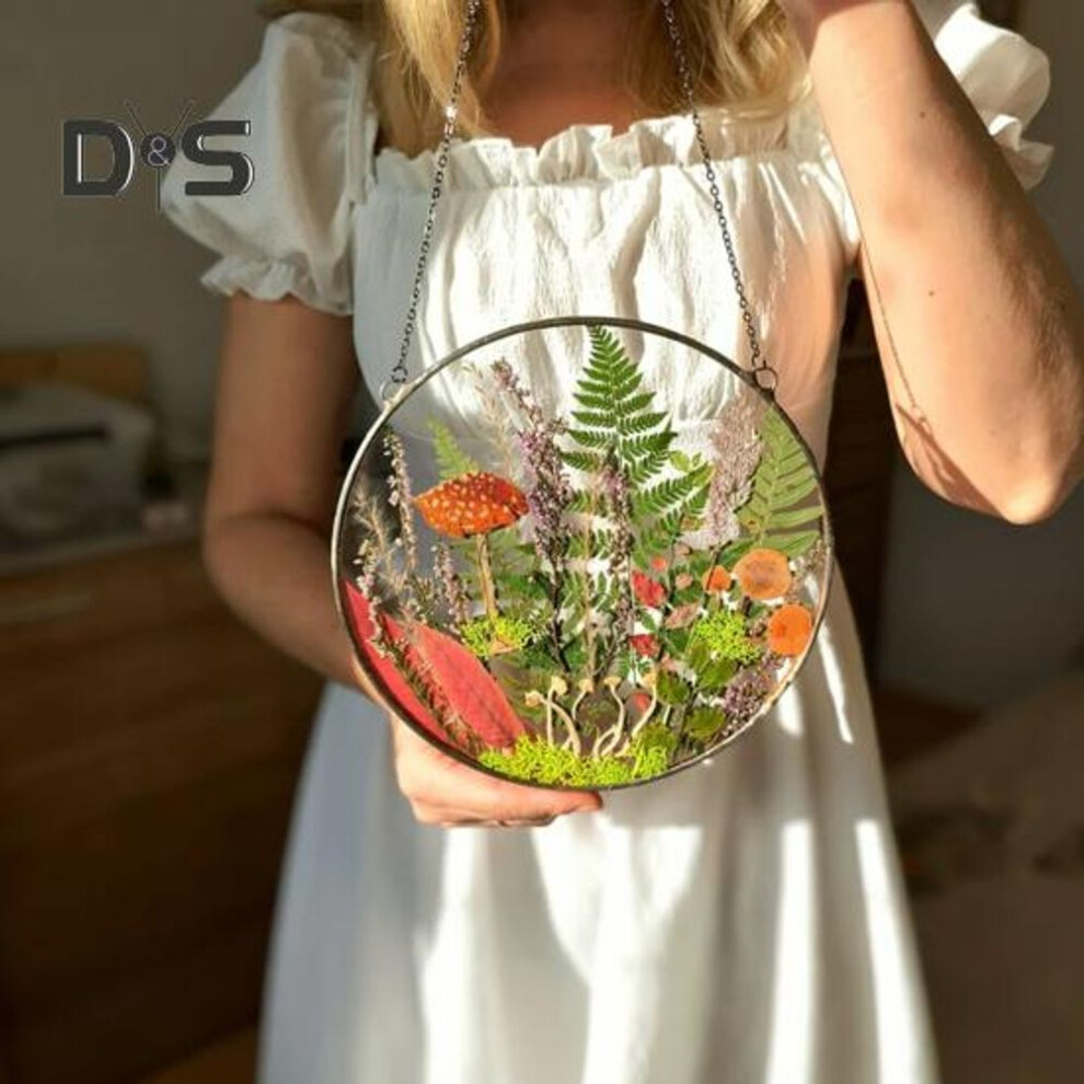 (as the picture, Round) Wildflower Mushroom Herbarium Hanging Decoration Indoor Outdoor Garden Window Wall Hanging Mushroom Pressed Flower Art Ornament