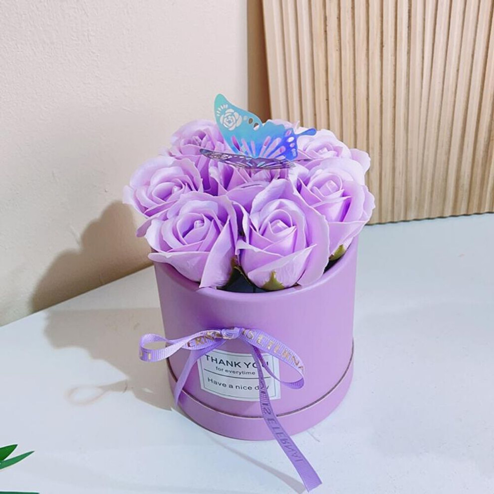 (purple) Romantic Soap Rose Flower Hugging Bucket Hand Holding Flower Box Round Flowers Gift Packaging Boxes Valentine's Day Decor