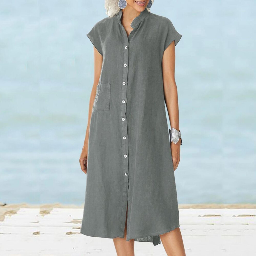 (grey, M) Plus Size Summer Beach Dress Stand-up Collar Button-down Short Sleeve Loose Midi Dress Casual Women Dresses With Pocket