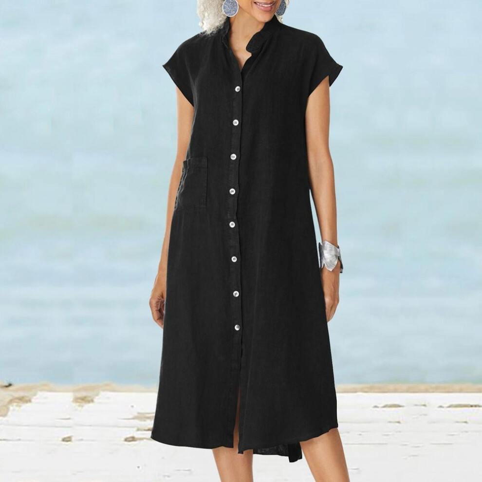 (black, L) Plus Size Summer Beach Dress Stand-up Collar Button-down Short Sleeve Loose Midi Dress Casual Women Dresses With Pocket