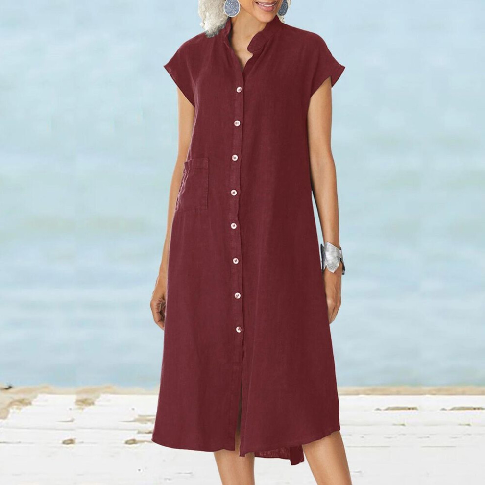 (red, XXL) Plus Size Summer Beach Dress Stand-up Collar Button-down Short Sleeve Loose Midi Dress Casual Women Dresses With Pocket