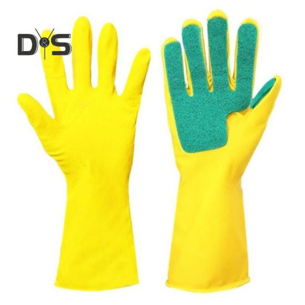 1 Pair Rubber Dishwashing Cleaning Gloves Latex Material Scouring Pad Non-slip Long Kitchen Bathroom Gloves