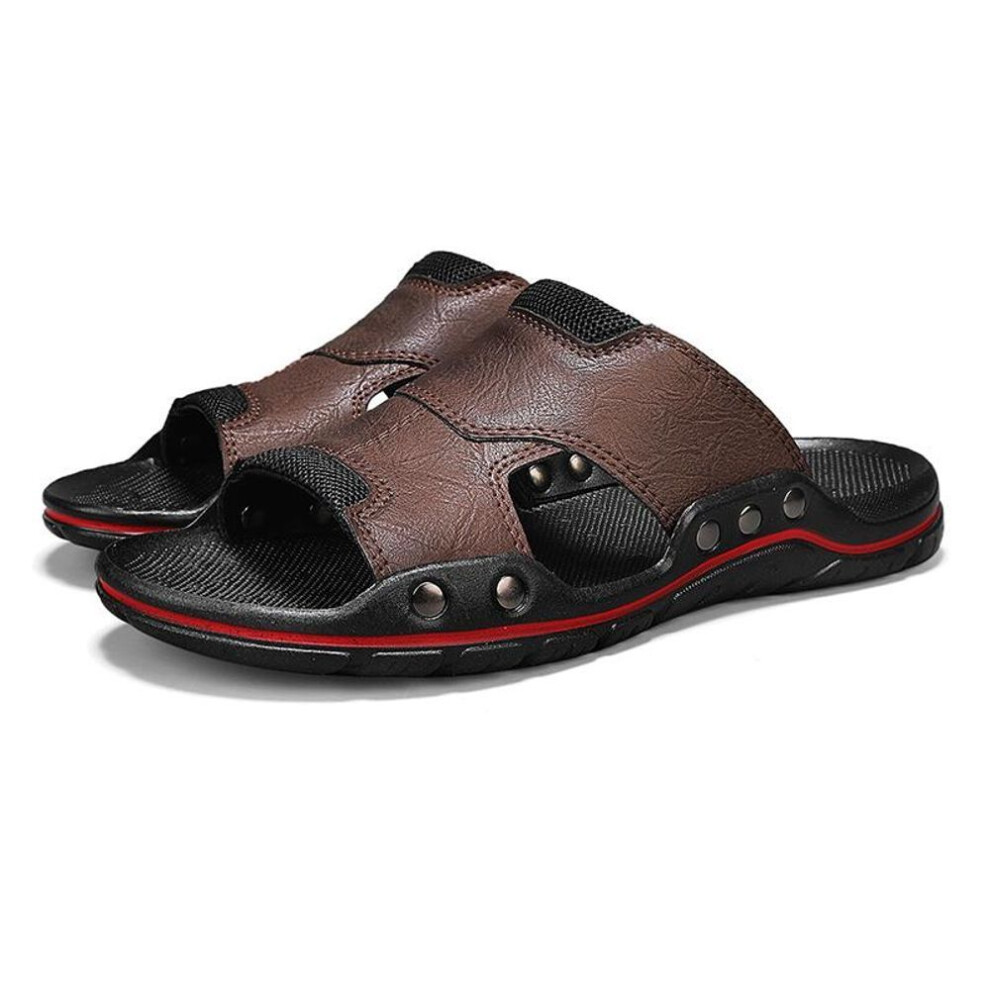 (brown, EU:45) Men Slippers Wide Palm Outdoor Summer Black Brown Flats Sandals Open Toe Beach Shoes for Father Plus Size