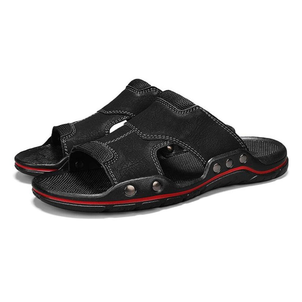(black, EU:39) Men Slippers Wide Palm Outdoor Summer Black Brown Flats Sandals Open Toe Beach Shoes for Father Plus Size