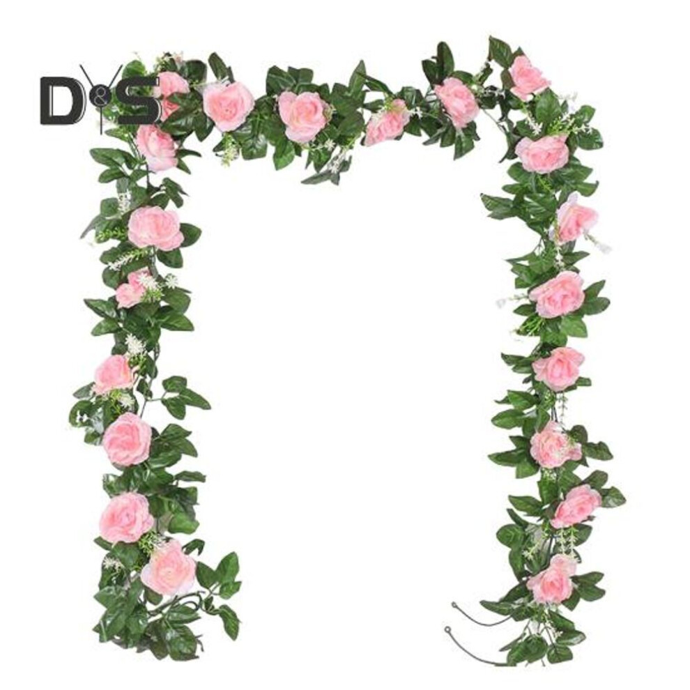 (pink) 220CM Artificial Rose Garland Realistic Indoor Outdoor Hanging Fake Flower Plants Vine Wedding Party Spring Mantle Fireplace Porch Stairs Decoration