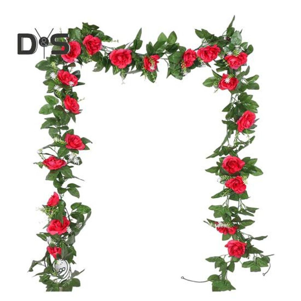 (red) 220CM Artificial Rose Garland Realistic Indoor Outdoor Hanging Fake Flower Plants Vine Wedding Party Spring Mantle Fireplace Porch Stairs Decoration