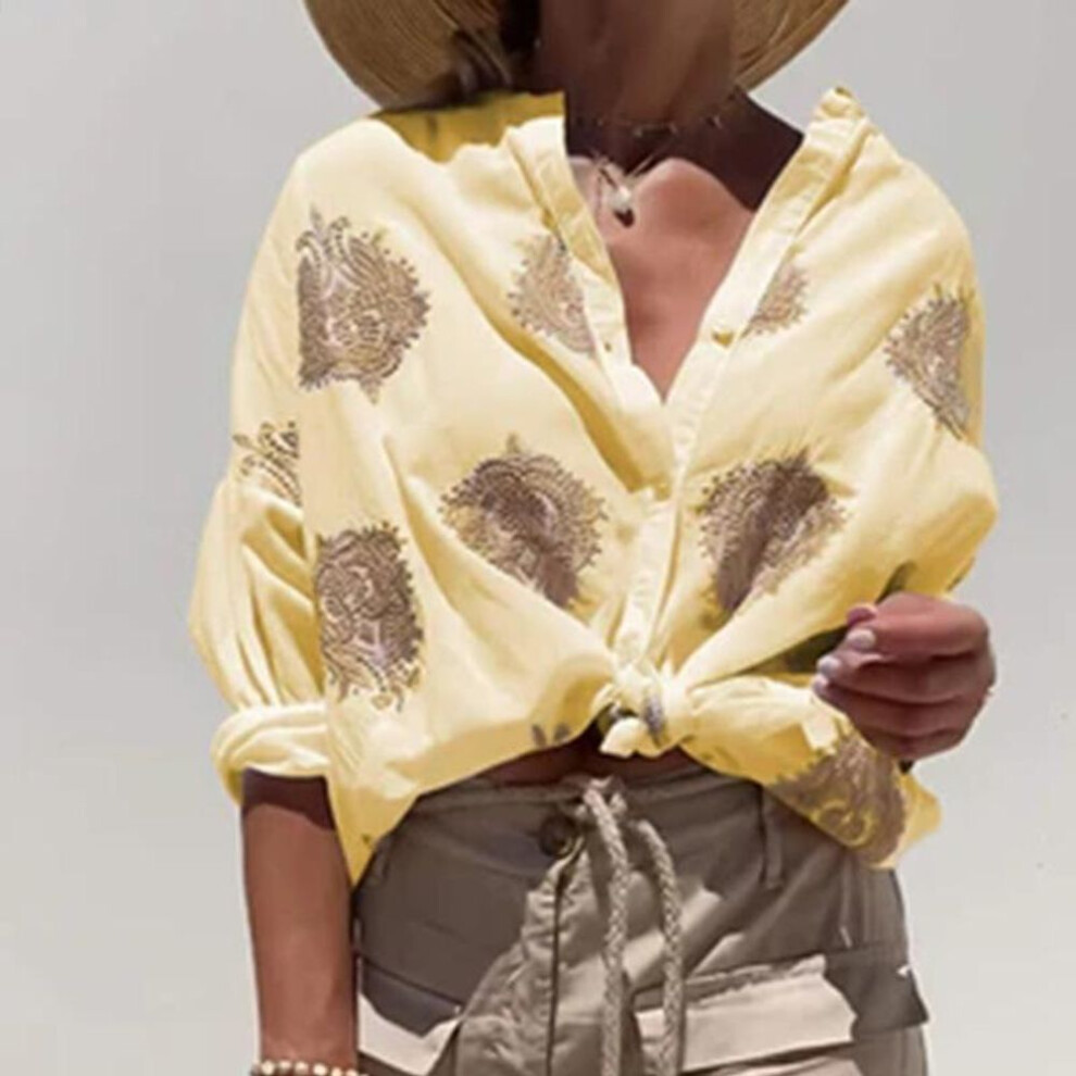 (S, yellow) Fashion Printed Long Sleeve Casual Women's Shirts Tops Spring And Summer New Lapel Button Up Loose Blouse Women Elegant Slim Office Lady Shirt 26582