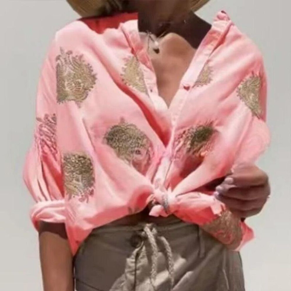 (S, red) Fashion Printed Long Sleeve Casual Women's Shirts Tops Spring And Summer New Lapel Button Up Loose Blouse Women Elegant Slim Office Lady Shirt 26582