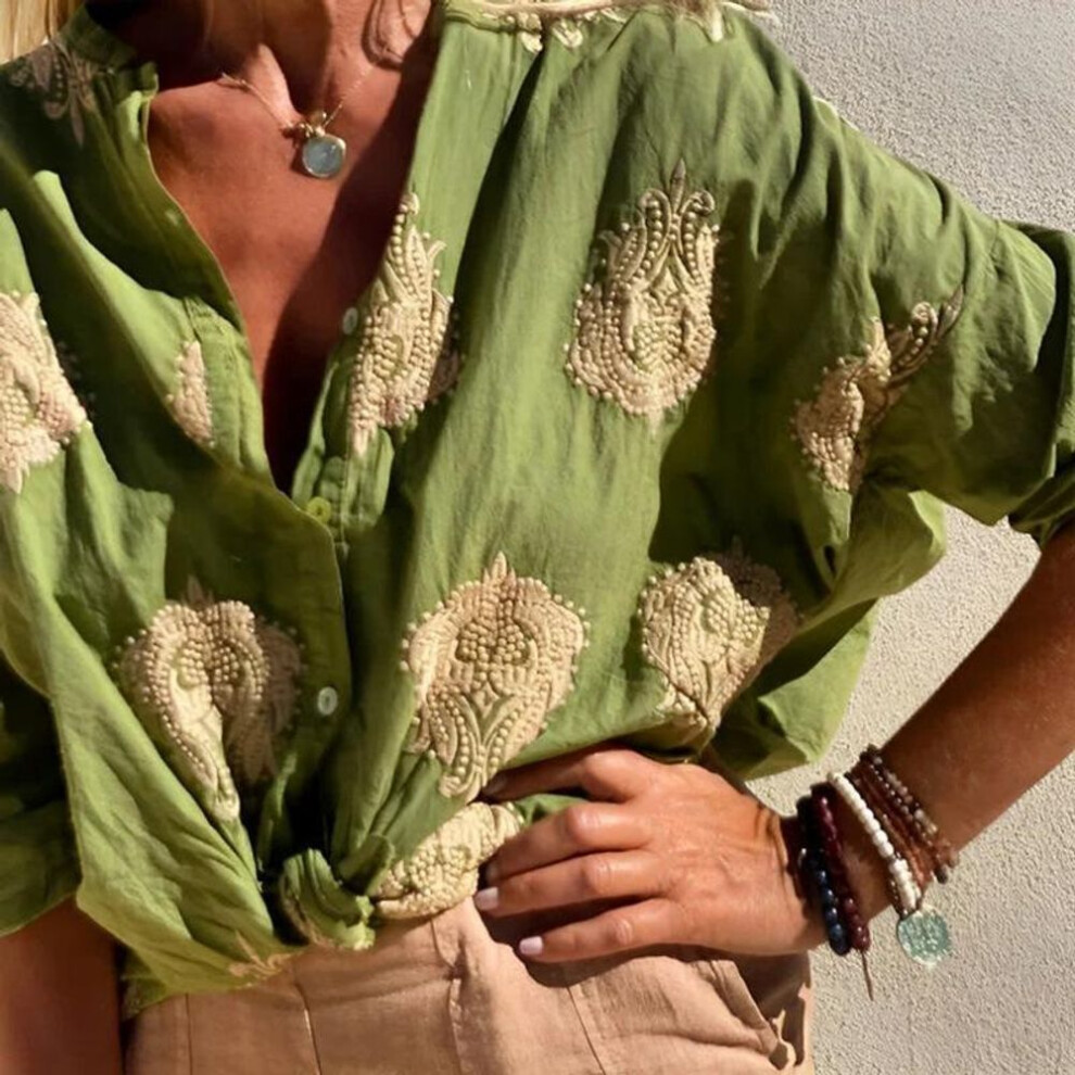 (M, green) Fashion Printed Long Sleeve Casual Women's Shirts Tops Spring and Summer New Lapel Button Up Loose Blouse Women Elegant Slim Office Lady Shirt 26582