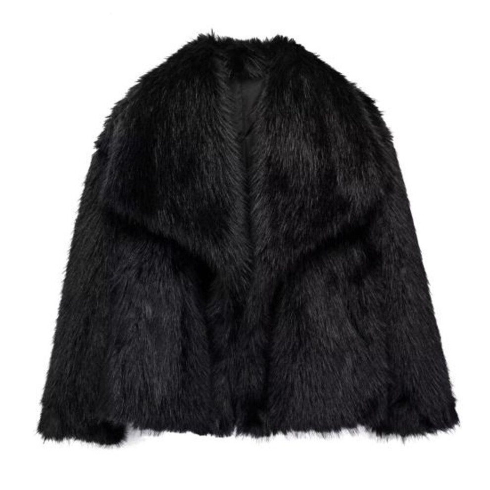 (black, M) Women Faux Fur Jacket Turn-down Collar Fuzzy Cozy Short Type Outerwear Long Sleeve Loose Fit Celebrity Warm Jacket for Daily Wear Outdoor