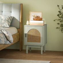 HOMCOM Boho Bedside Table with Rattan Door and Adjustable Shelf, Light Green