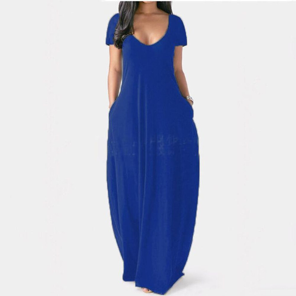 (blue, XXL) GMXIA Summer Plus Size Women's Solid Colour Dress Sexy Deep V-Neck Short Sleeve Long Dresses