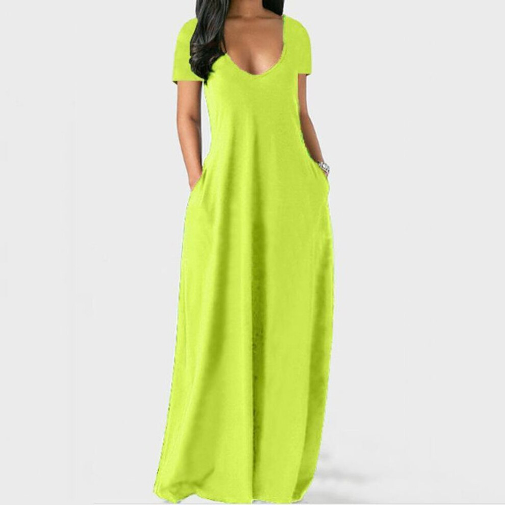 (fluorescent green, XL) GMXIA Summer Plus Size Women's Solid Colour Dress Sexy Deep V-Neck Short Sleeve Long Dresses