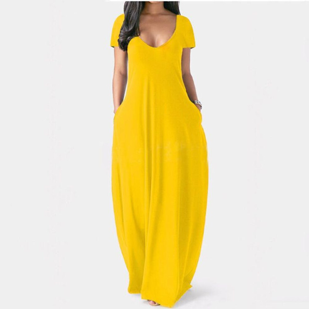 (yellow, XL) Gmxia Summer Plus Size Women's Solid Colour Dress Sexy Deep V-neck Short Sleeve Long Dresses