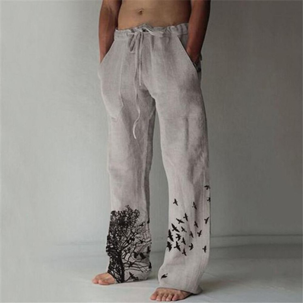 (light grey, S) Men's Casual Loose Solid Color Cotton Linen Trousers Elastic Tie Print Trousers