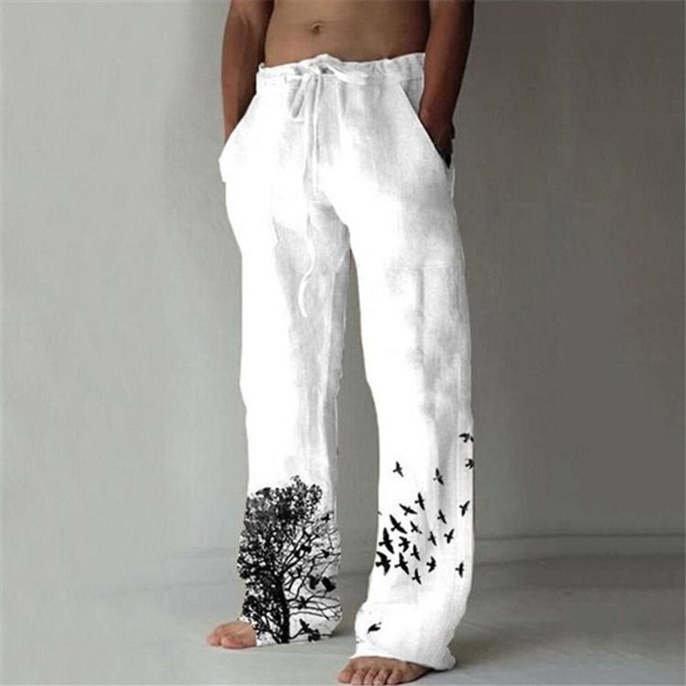 (white, M) Men's Casual Loose Solid Color Cotton Linen Trousers Elastic Tie Print Trousers