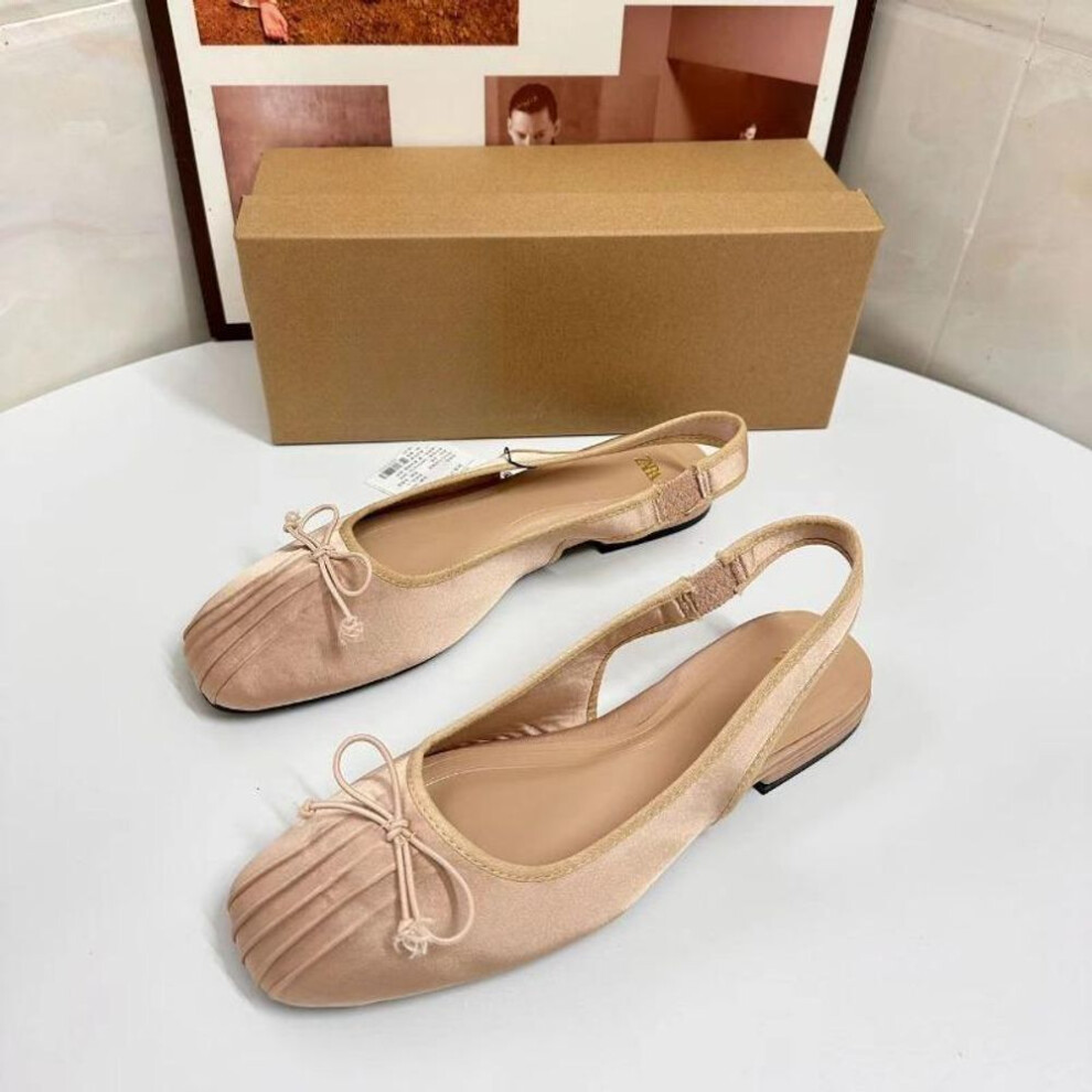 (apricot, 41) Bow Accessories Flat Bottomed Square Toe Pleated Flat Ribbon Sandals for Women