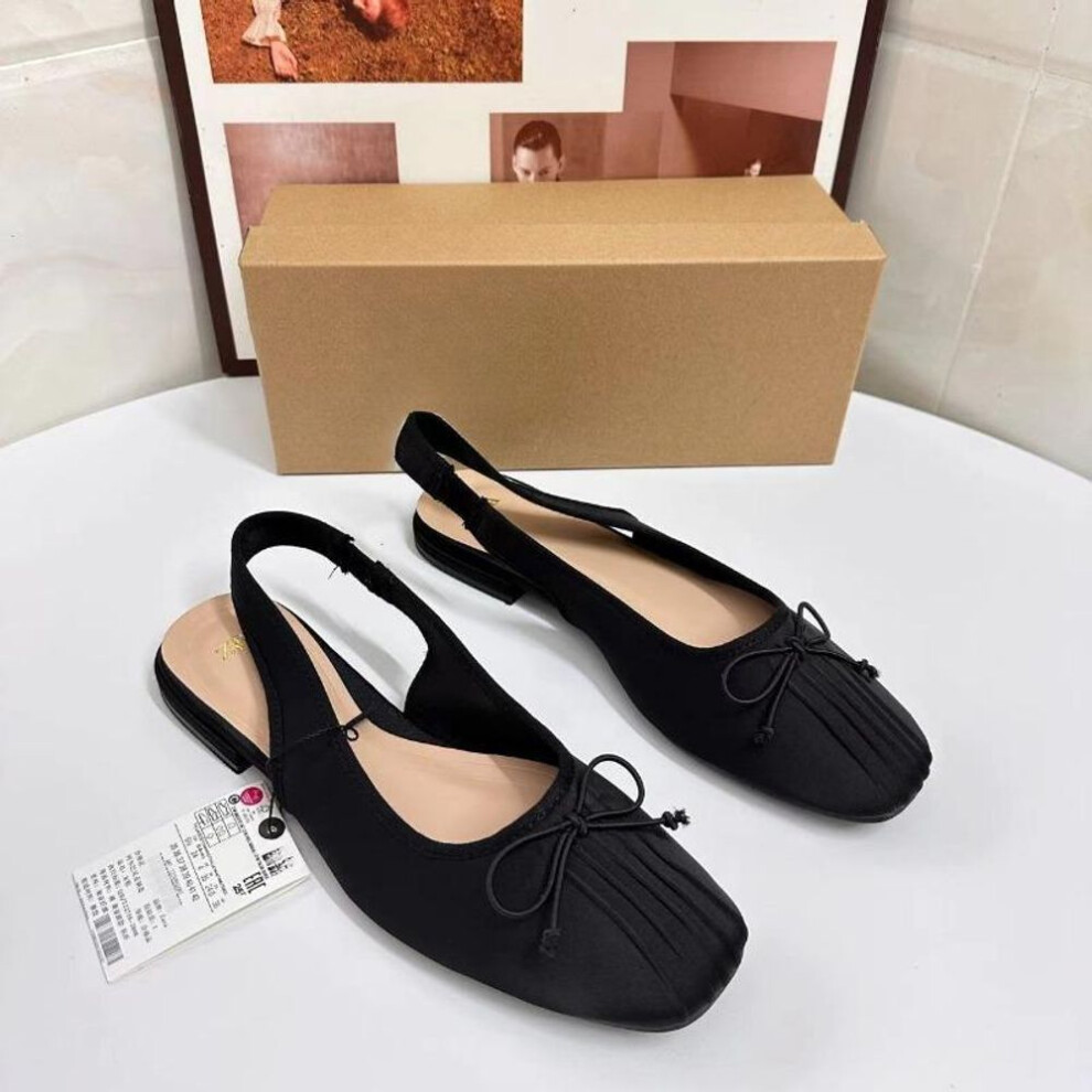 (black, 41) Bow Accessories Flat Bottomed Square Toe Pleated Flat Ribbon Sandals for Women
