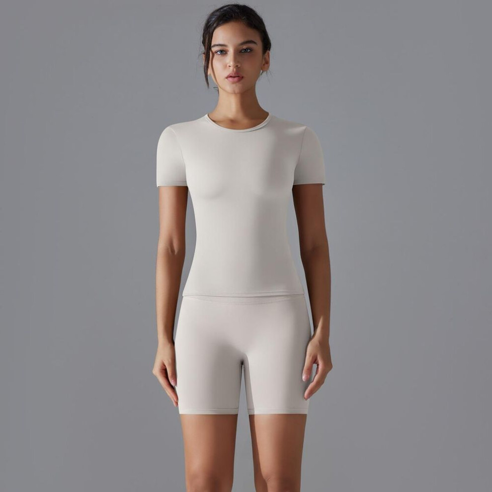 (silver grey, M) Nessaj Quick Dry Yoga Set Women Push Up Fitness Shorts Elastic Short Sleeve Shirts Sportswear