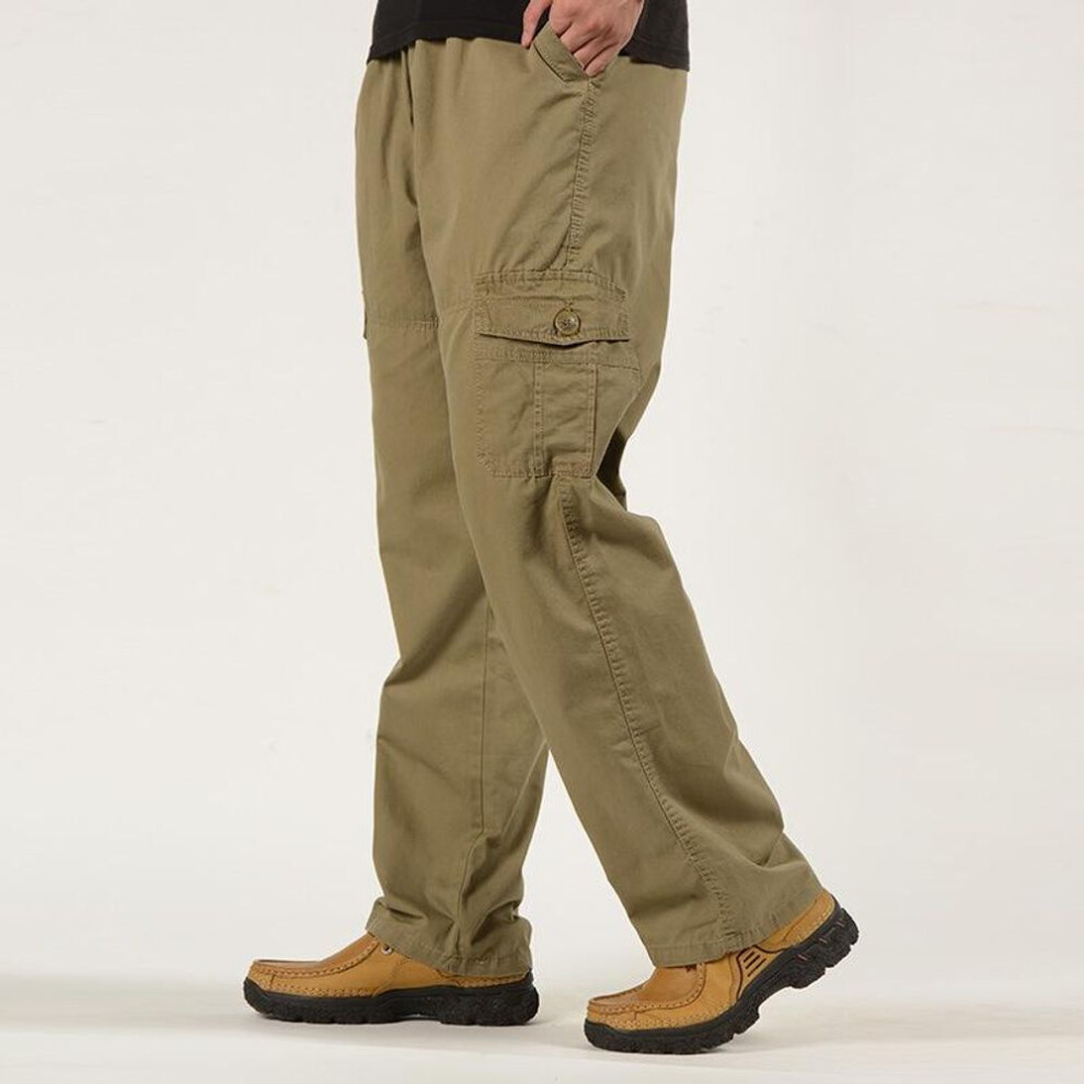 (brown, 5XL) Spring Summer Men's Fashion Straight Casual Pants Solid Color Multi Pocket Cargo Pants Men Loose Cargo Trousers