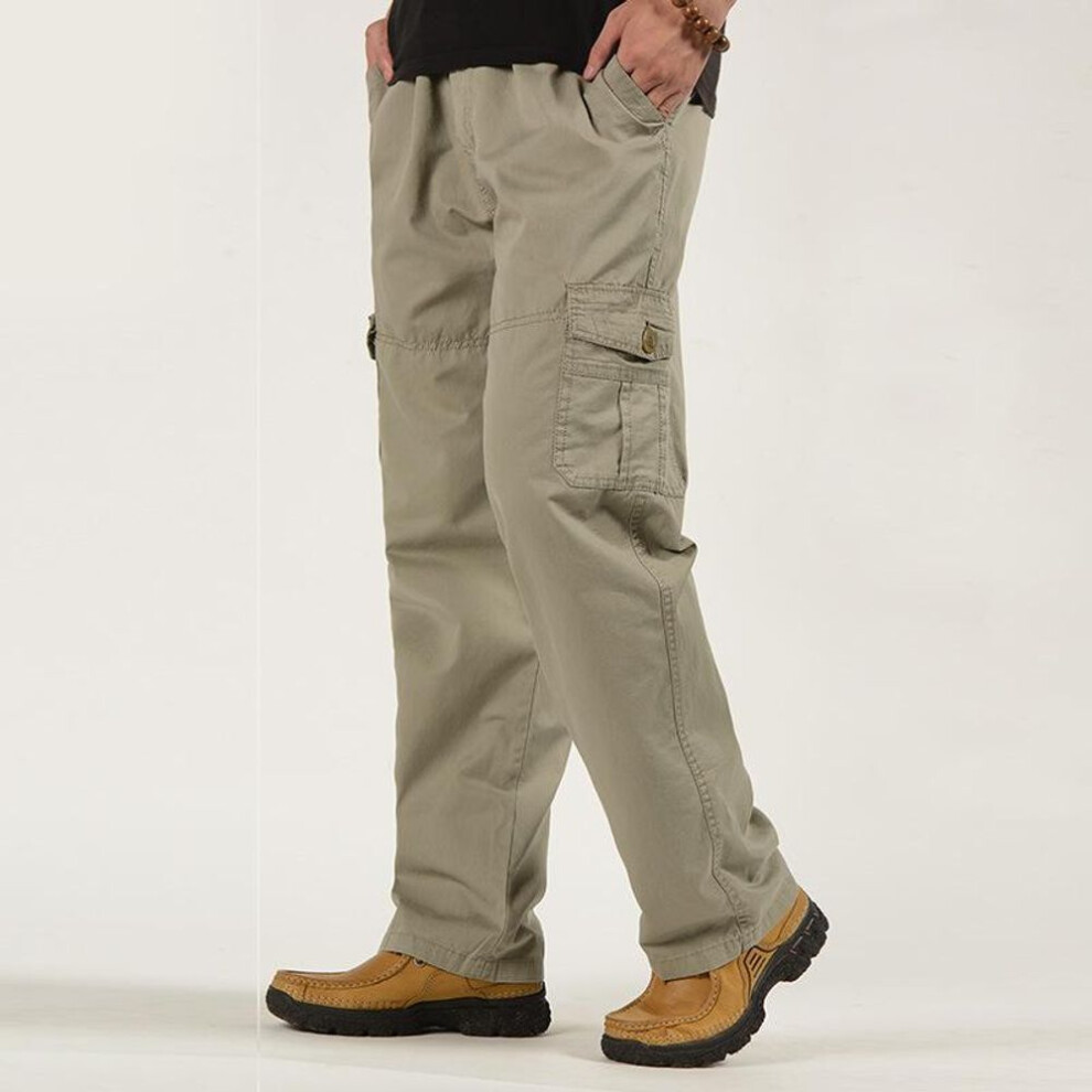 (khaki, 6XL) Spring Summer Men's Fashion Straight Casual Pants Solid Color Multi Pocket Cargo Pants Men Loose Cargo Trousers