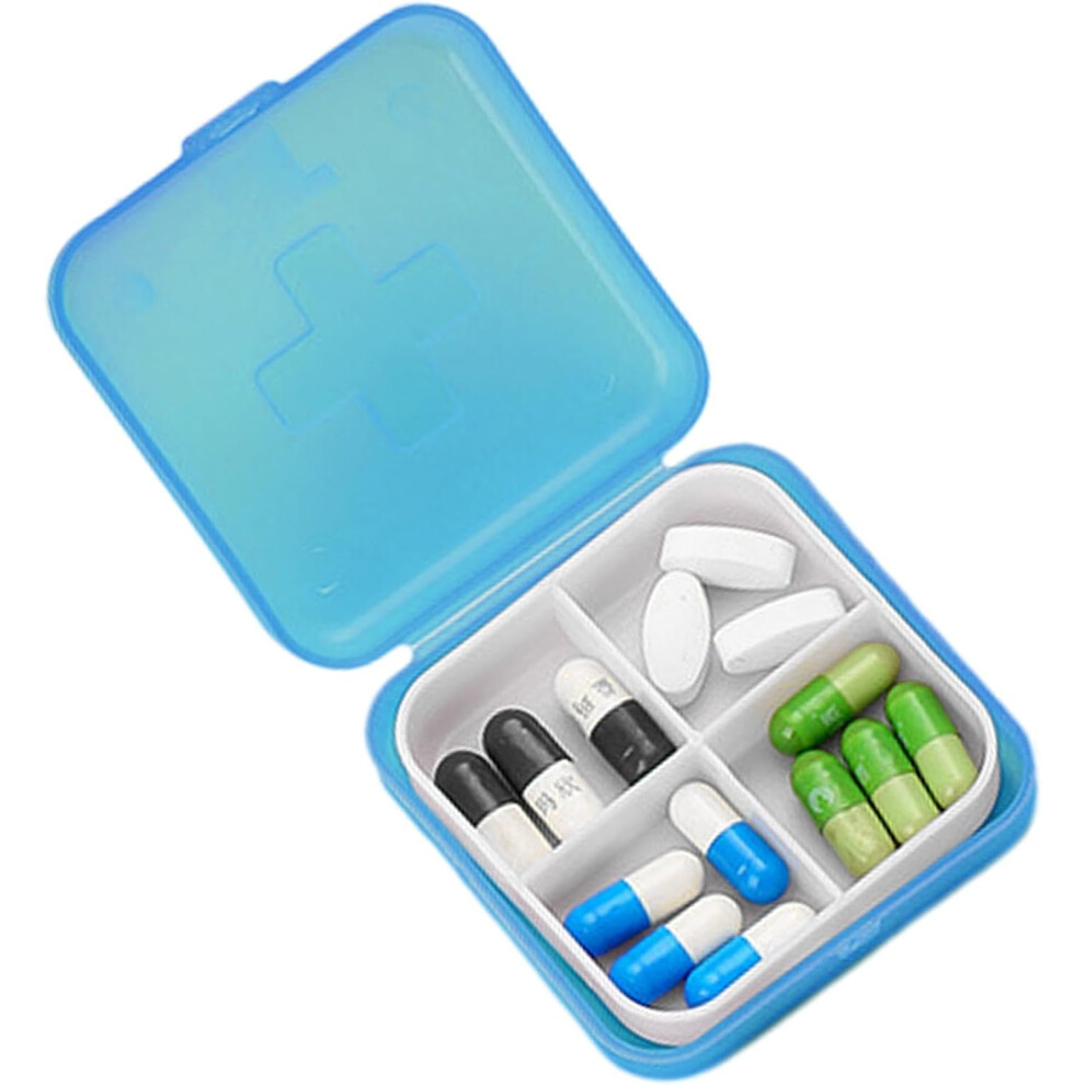 (Blue) Square Pill Organizer, Daily Pill Box Organizer, Portable Snap Close Four-Compartment Case, Pill Container for Pocket Purse Fish Oils Medicine