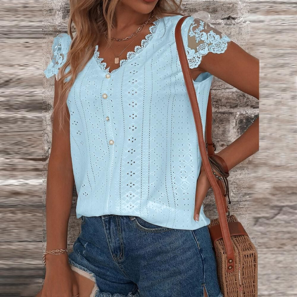 (S, blue) Summer Solid Color Tops Elegant Women Lace Hollow V-neck Short Sleeve T-shirt Office Ladies Pullover Basic Tees Casual Clothes