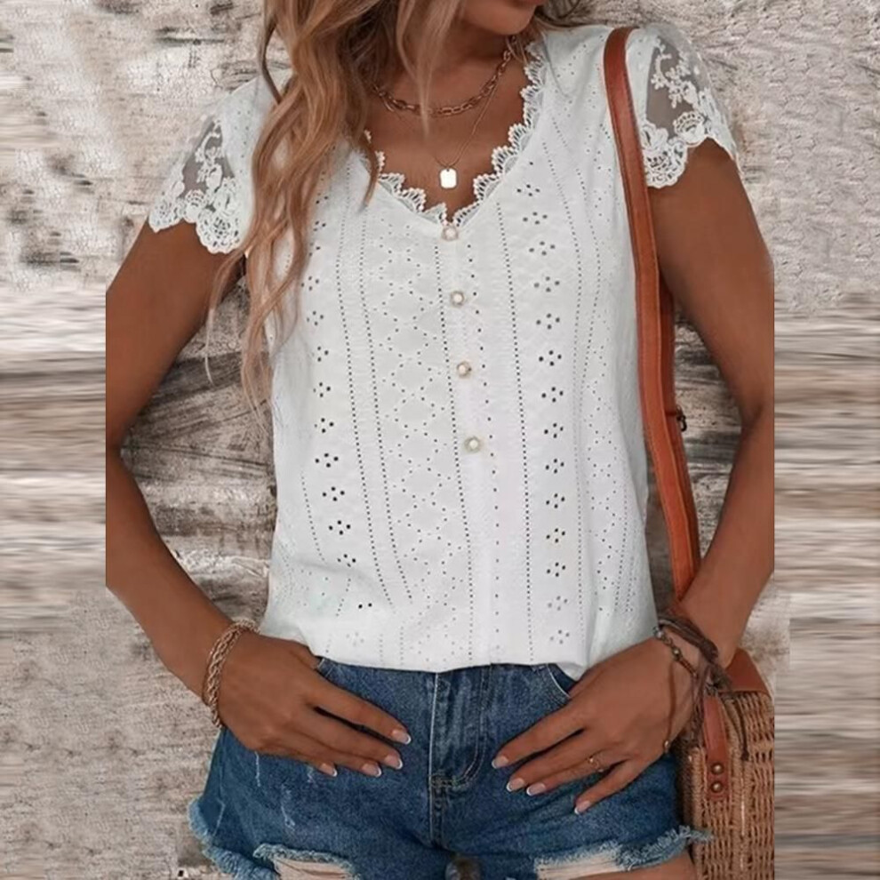 (M, white) Summer Solid Color Tops Elegant Women Lace Hollow V-neck Short Sleeve T-shirt Office Ladies Pullover Basic Tees Casual Clothes