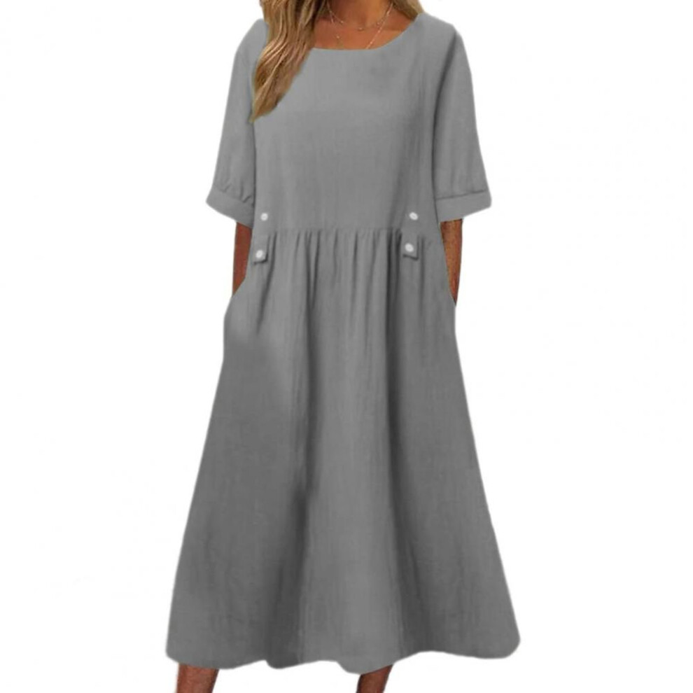 (grey, 2XL) Loose Fit Dress Elegant Midi Dress With Pockets Button Decor For Women A-line Silhouette O Neckline Short Sleeves Solid Color