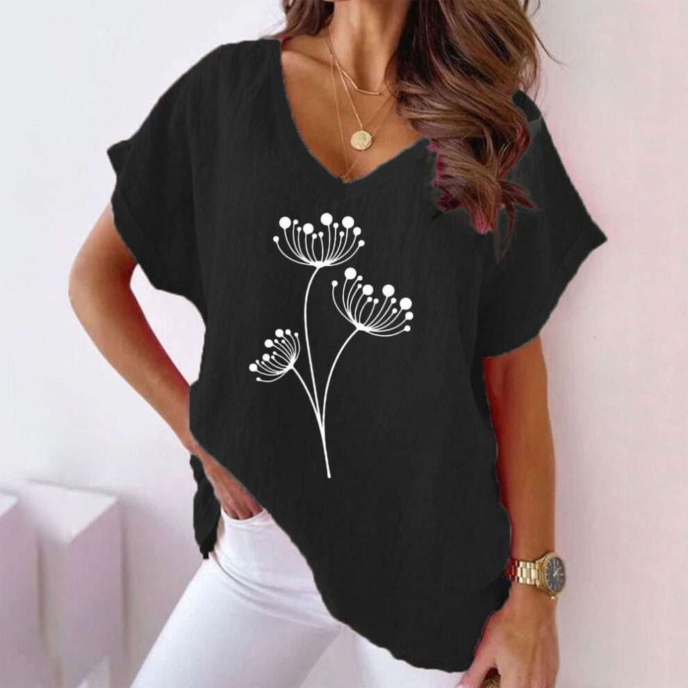 (M, black) Summer European and American Plant Flower Print V-neck Cotton Linen Casual T-shirt for Women