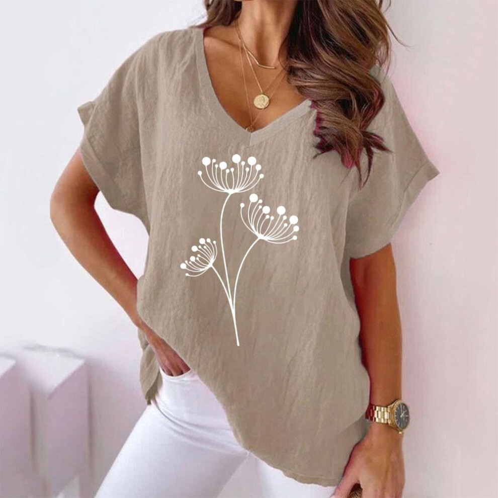 (2XL, khaki) Summer European and American Plant Flower Print V-neck Cotton Linen Casual T-shirt for Women