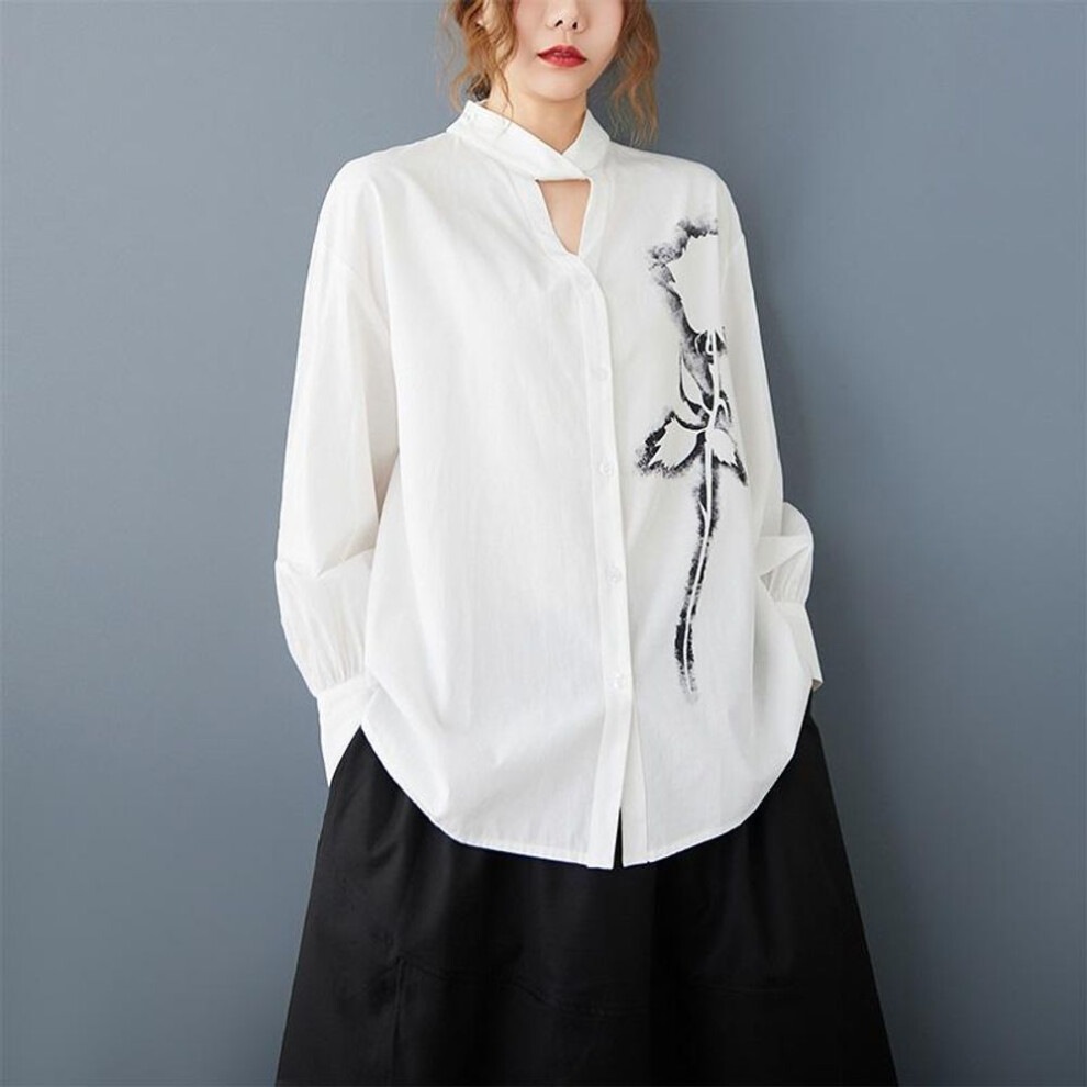 (white) long sleeve oversized cotton shirts & blouses for blouse Casual loose spring summer tops women button up shirt