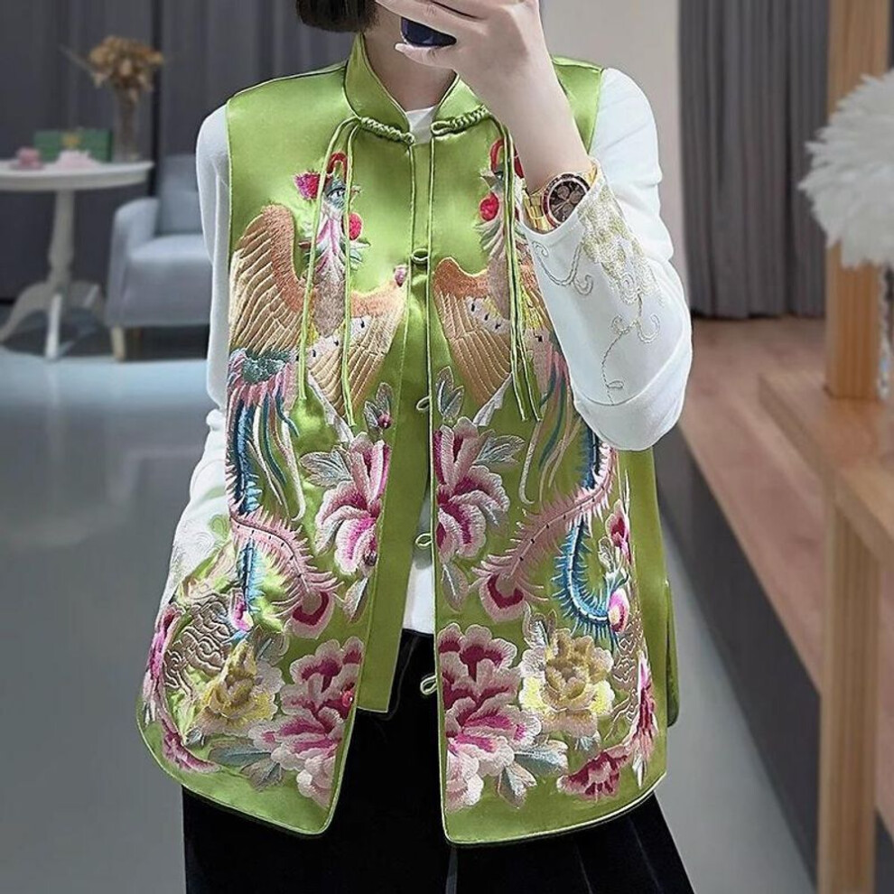 (green, XL) Vest Chinese Style Tang Clothes Women Luxury Satin Costume Sleeveless Tops Elegant Hanfu Wear