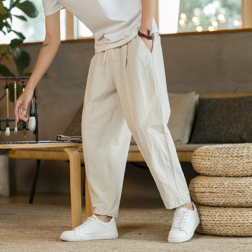 (beige, XL) Linen Pants Men's Casual Trousers Summer Thin Chinese Style Cotton and Linen Pants Loose Large Size Straight Nine-point Pants