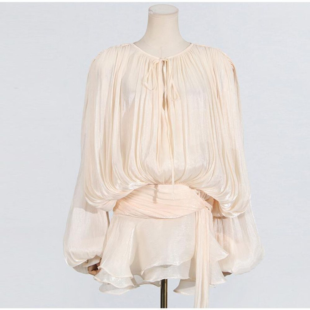 (apricot, L) Elegant Lace Up Women's Dress Lantern Sleeve V Neck Loose Mini Female Dresses 2025 Spring Summer Solid Color Shining Lady Dress