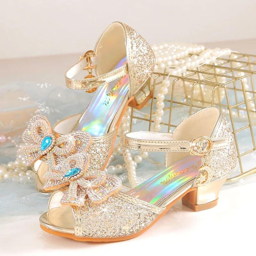 (gold, 27) Summer Girls Sandals With Heel Fashion Rhinestone Shiny Glitter Shoes Children Princess Bowtie Pearl Dancing Shoe