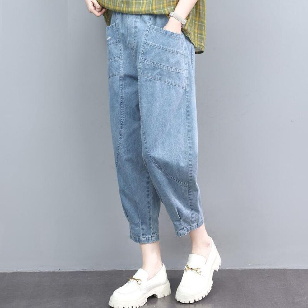 (blue, L) Loose Harem Jeans Women's Casual Elastic High Waist and Ankle Jeans Retro Loose Large Size