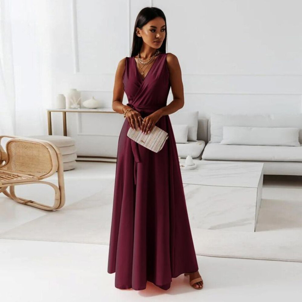 (burgundy, XXL) Yyfs Women's Fashion Summer Spring Solid Color Print Sleeveless V-neck High Waist Casual Dresses