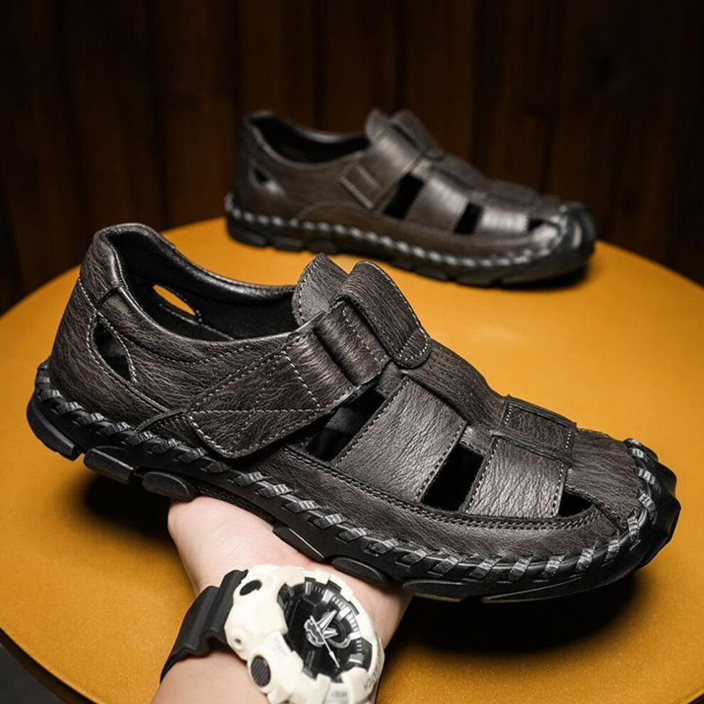(gray, 44) Men Genuine Leather Sandals Outdoor Sport Sandals Casual Shoes Summer