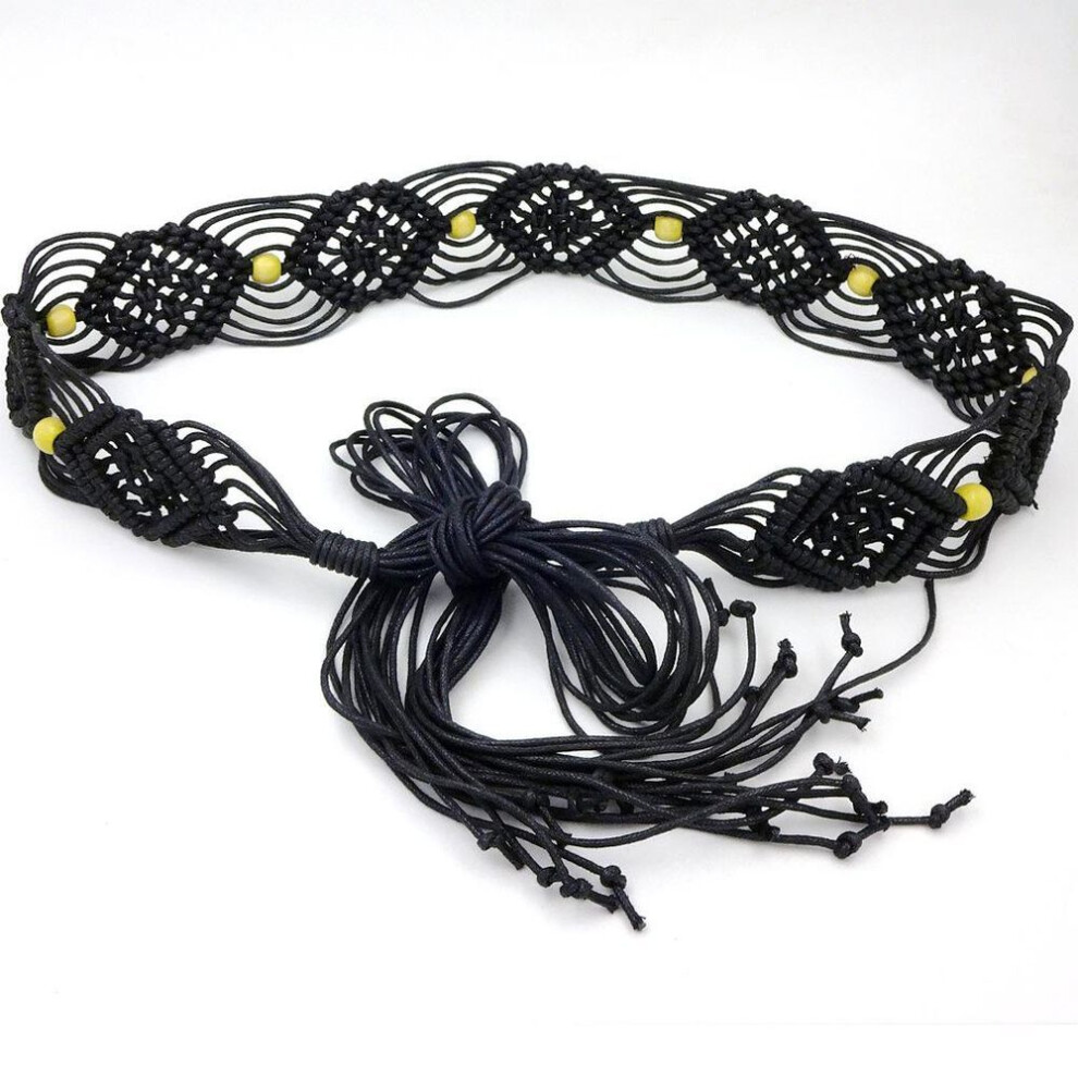 (black, 170 cm) Bohemian Wax Rope Braided Floral Women's Belt Chain