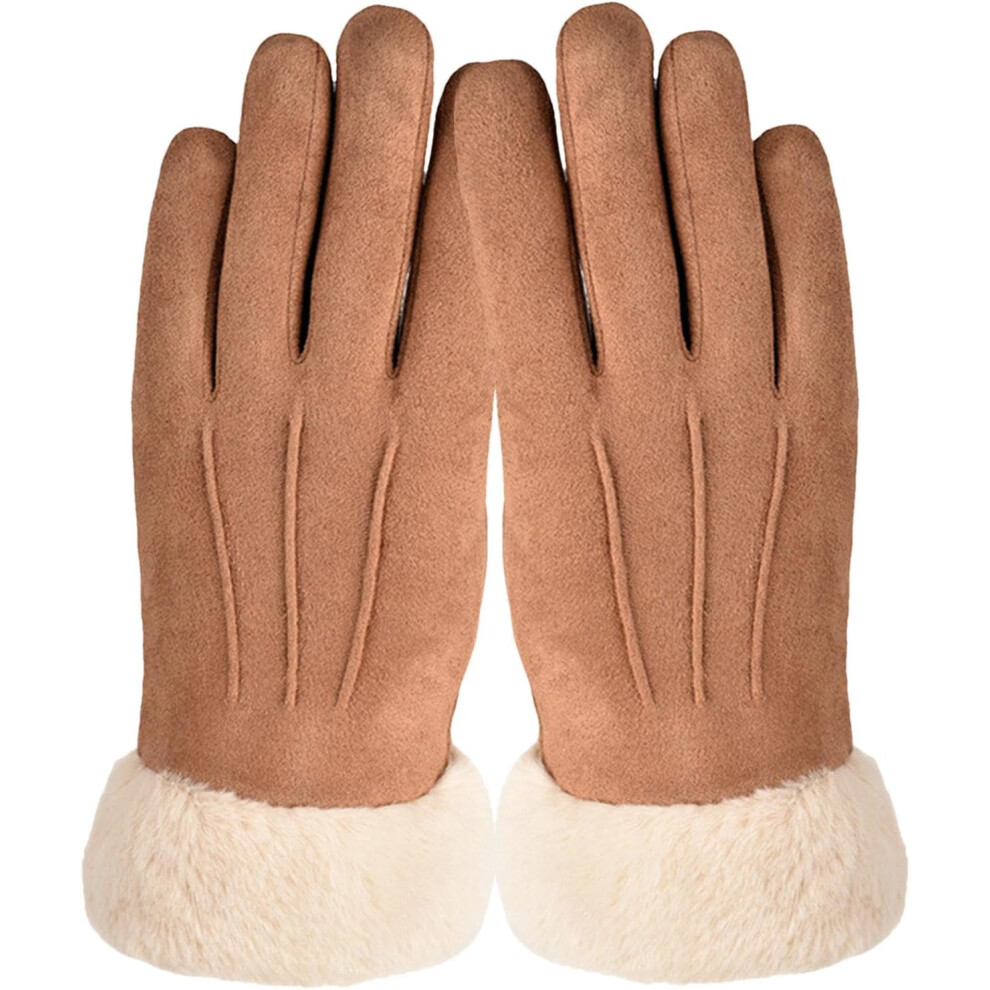 (Khaki) Winter Cycling Gloves Touchscreen - Thermal Cycling Gloves | Thicken Fleece Thermal Riding Gloves For Female Outdoor Activity