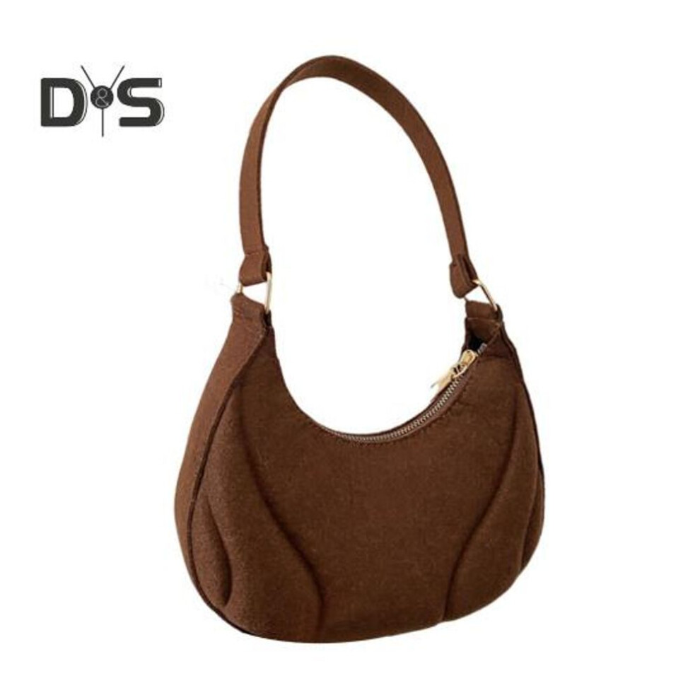 (coffee) Women Shoulder Bag Dumpling Shape Felt Bag Zipper Closure Solid Color Large Capacity Commuting Purse for School Party Travel Street Vacation