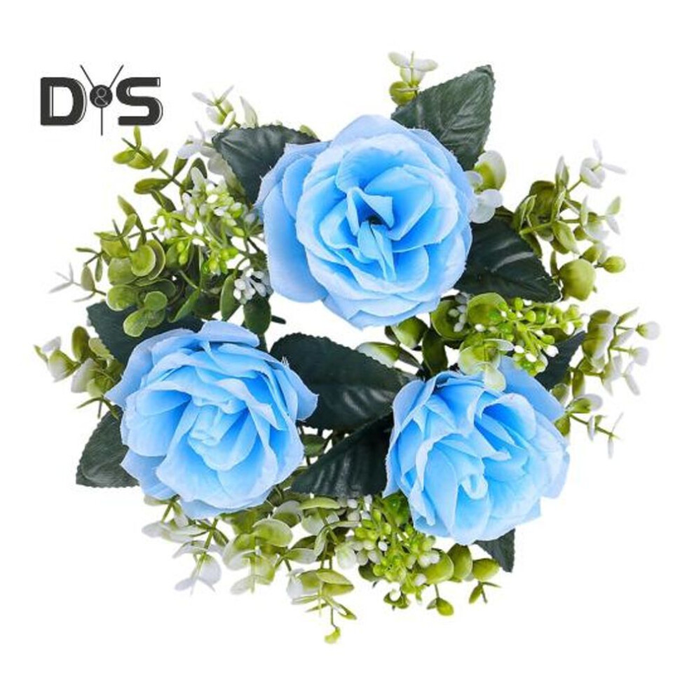 (blue) Candle Rings Wreath Artificial Rose Flowers Candle Holder Garland Small Candle Floral Ring Wedding Centerpieces For Party Ceremony Decor