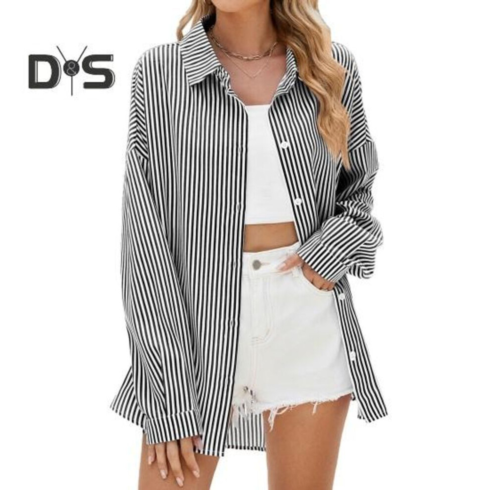 (XXL, black) Women Shirt Lapel Long Sleeve Striped Print Casual Shirt Single Breasted Commuting Style Loose Fit Shirt Coat Daily Wear