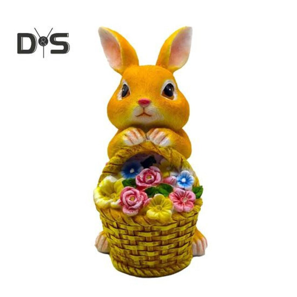 (yellow) Solar Garden Rabbit Statue with 5 LED Lights Flower Basket Outdoor Resin Bunny Figurine Patio Yard Lawn Easter Decoration Ornament