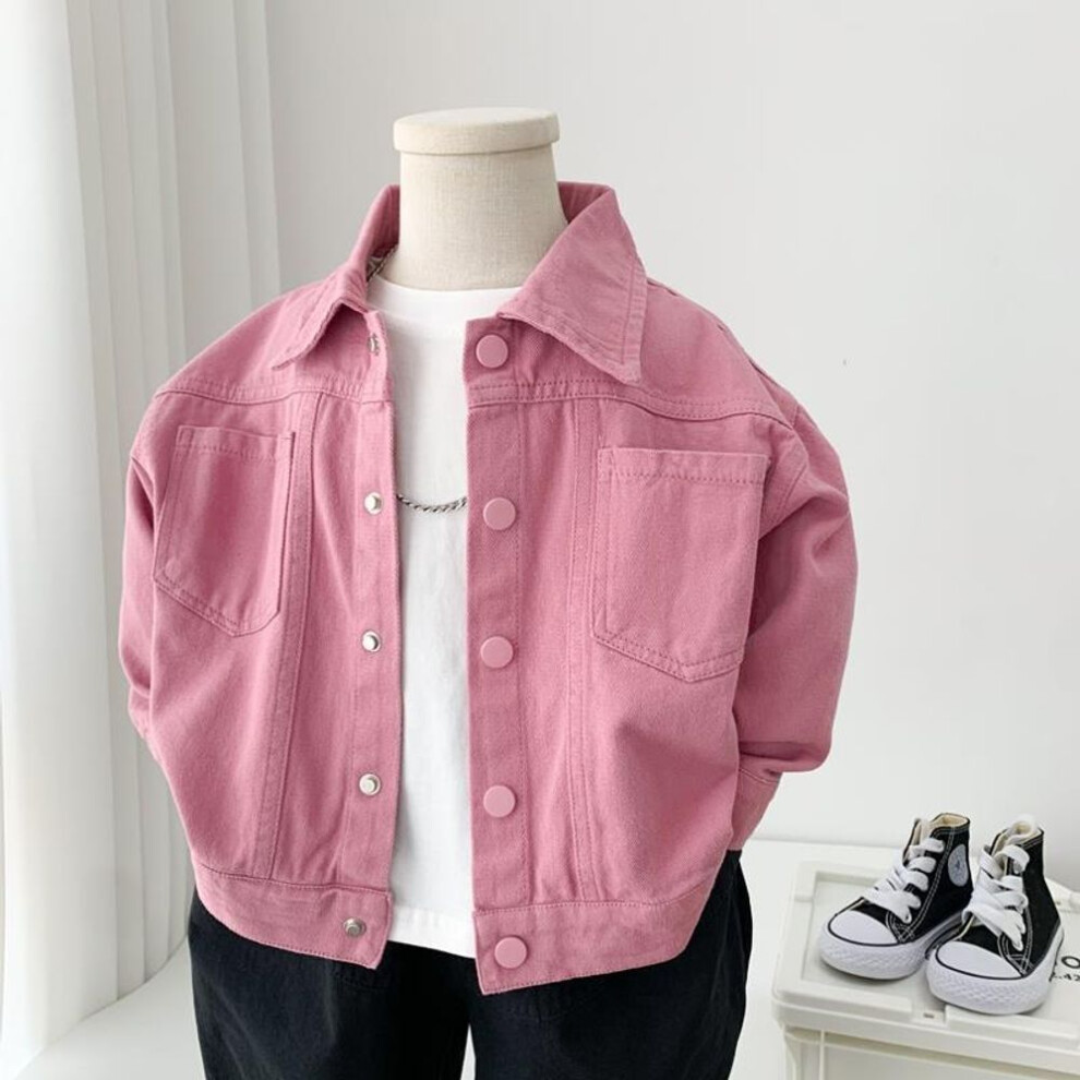 (pink, 110cm) Spring Autumn Boys'  Denim Cotton Jackets Pink Laple Tops Sweet Cute Coat Jacket Baby Girls Clothes